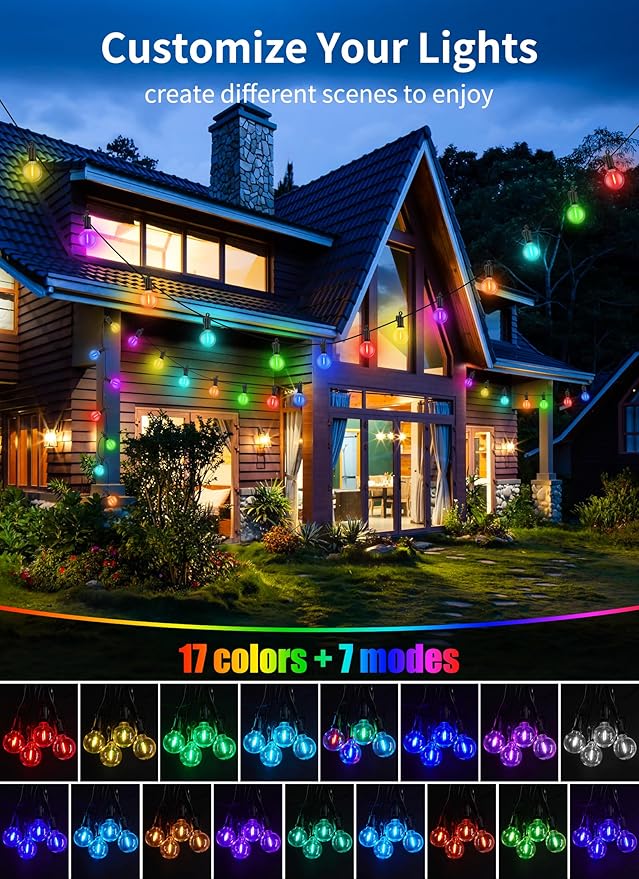 Brightown RGBW Outdoor String Lights, 29FT LED Patio Lights with Remote and Timer, Commercial Grade Waterproof Hanging Lights with 13 Shatterproof Bulbs(1 Spare) for Backyard Porch Garden Party Decor