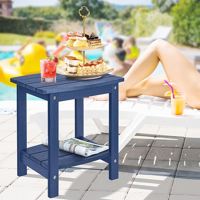 Y&M Outdoor Side Table, HIPS Adirondack Small Double Layer Table, Waterproof Square Outside Table, Balcony End Tables for Patio, Pool, Porch, Deck, Indoor or Outdoor Use, Navy Blue