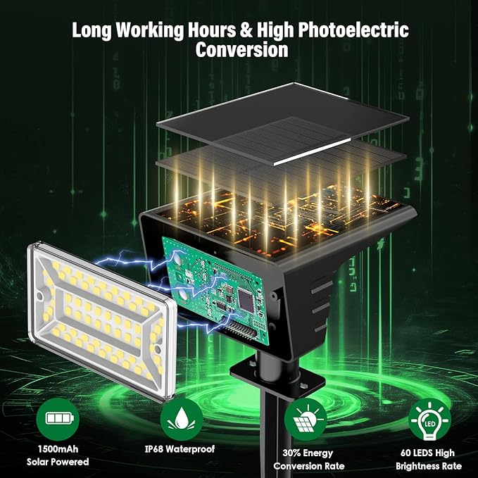 Solar Spot Lights Outdoor with 60 LED & Auto On/Off, 6 Pack Solar Lights Outdoor Waterproof IP68 with 3 Lighting Modes, 2-in-1 Solars Landscape Light for Outside, Garden, Yard(Warm White)