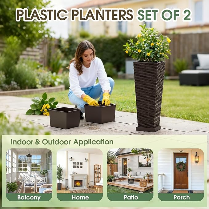 Set of 2 24 Inch Tall Plastic Planters with Drainage Saucers, Rattan Pattern UV Resistant Indoor Outdoor Flower Pots for Patio Garden Balcony Decor, Brown