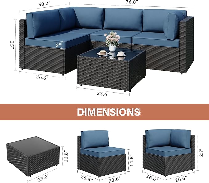 JAMFLY Patio Furniture Sets, 5-Piece Outdoor Patio Furniture with Thick Cushions, Wicker Outdoor Conversation Set Sectional Sofa for Backyard, Poolside, Garden, Aegean Blue