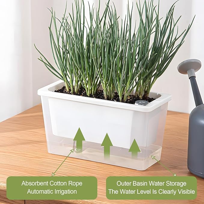 Window Box Planter, 2 Pack 10 Inch Plastic Self Watering Pots for Indoor Plants, Rectangular Flower Pots with Reservoir for Outdoor Indoor Plants Garden Home Decor - White