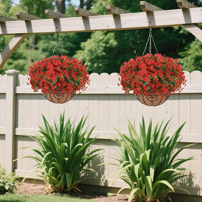 Artificial Hanging Flower for Outdoors, Fake Hanging Basket for Outside,1 Hanging Basket with 13 Pcs Faux Silk Flowers for Porch, Balcony and Patio Decor(Red)