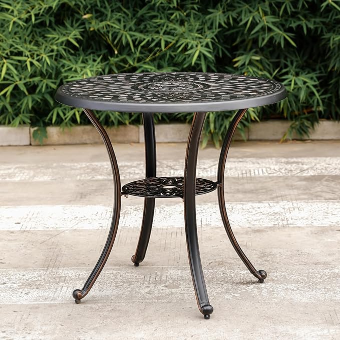 31" Round Patio Dining Table with Umbrella Hole, Cast Aluminum Bistro Table Outdoor Side Table for Backyard, Garden, Patio, Porch