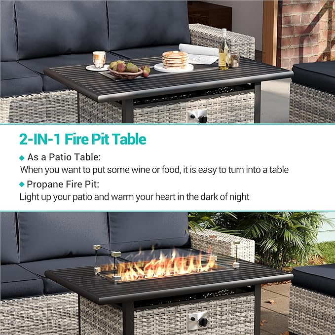 7 Pieces Outdoor Patio Furniture Set with 55,000 BTU Propane Fire Pit Table, PE Wicker Rattan Sectional Sofa Patio Conversation Set with Coffee Table, Dark Grey
