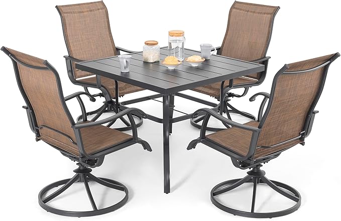 NUU GARDEN Outdoor Dining Set 5-Piece Patio Set with Weather-Resistant Table and 4 Textilene Swivel Chairs for Yard, Deck and Poolside, Brown and Black
