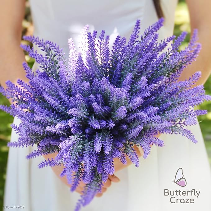 Butterfly Craze Lavender Flower Stems - Lifelike Outdoor Artificial Plants - DIY Crafts & Floral Picks - Planter Filler & Window Flower Box - Pack of 8, 14.5"-16.5" Violet & Green