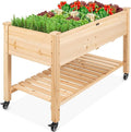 Best Choice Products Raised Garden Bed 48x24x32-inch Mobile Elevated Wood Planter w/Lockable Wheels, Storage Shelf, Protective Liner - Natural