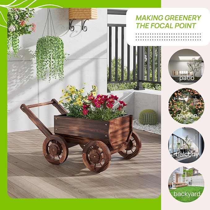 Wooden Flower Cart with Wheels Wooden Wagon Planter Outdoor Garden Planter Decor Planter Kit for Patio Balcony Trolley Decoration Succulent Flower Pot, Indoor Backyard Balcon Decor（Small）