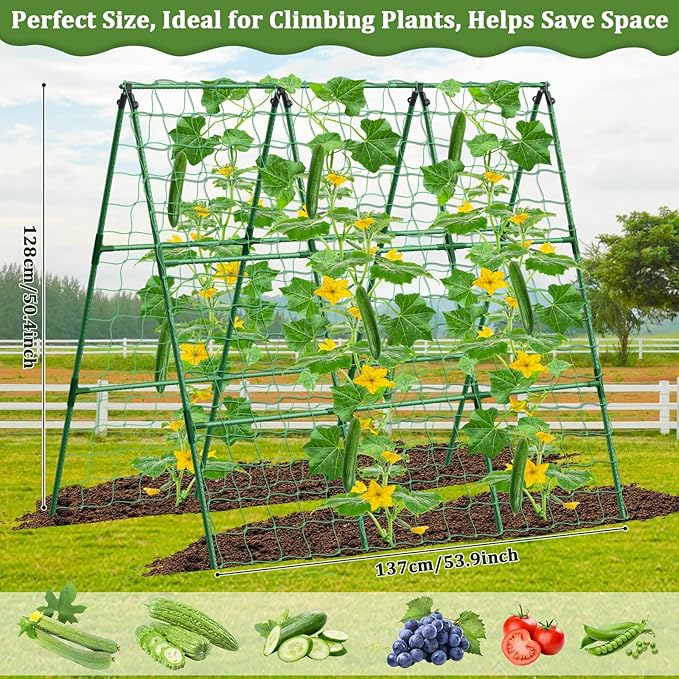 Cucumber Trellis for Raised Bed, 50x 54 inch A-Frame Garden Trellis for Climbing Plants Outdoor, Metal Arch Trellis with Netting, Vegetables Trellis for Grape Pea Bean