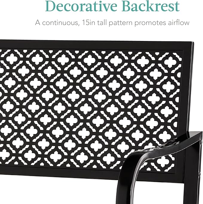 Best Choice Products Outdoor Bench 2-Person Metal Steel Benches Furniture for Garden, Patio, Porch, Entryway w/Geometric Backrest, 790lb Capacity – Black
