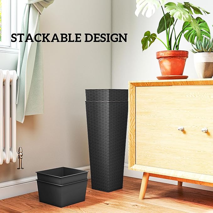 Outsunny 23.6 Inch Tall Planters for Outdoor Plants, Set of 2 Plastic Rattan-Like Flower Pots with Drainage Holes, Stackable Tapered Planters for Indoor Plants, Front Porch, Black