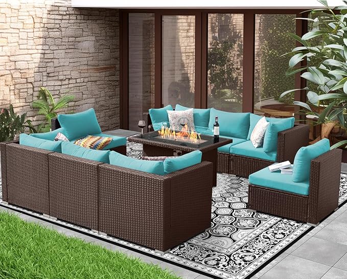 NICESOUL 9 Piece Large Outdoor Patio Furniture Set with Fire Pit Propane/Natural Gas, 29.3'' High Back Comfy Rattan Modular Sectional for 8, Deep Seat Conversation Sets, Brown Rattan and Teal Cushion
