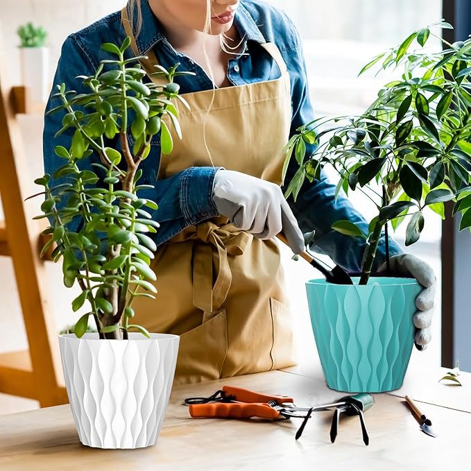 6 Pack 7 Inch Indoor Plant Pots with Drainage Holes, Outdoor Plastic Decorative Flower Pots, Garden Planters with Tray Saucers for Orchids, Violets, Succulents, Herbs, and Other Plants