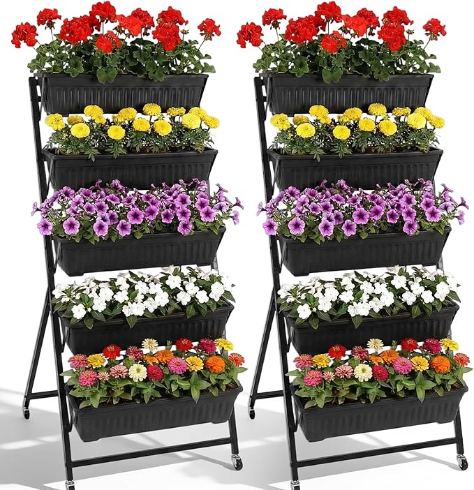 2 Pack 5-Tier Vertical Garden Planter 4.5 ft Tall Raised Garden Bed with Lockable Wheels & Drainage, Removable Elevated Herb Vegetable Flower Planter for Patio Deck Indoor Outdoor(Black)