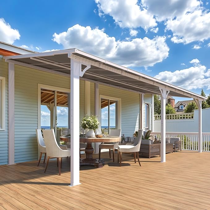 AECOJOY 20' x 8' White Outdoor Gazebo for Patio, Large Wall-Mounted Hard Top 8x20 Lean to Metal Gazebo Shelter Pergolas and Gazebos Clearance with Patio Roof, Heavy Duty Awnings for Patio, Decks