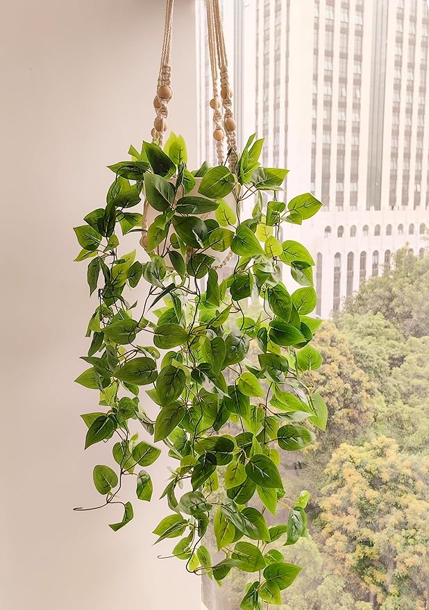 Comtelek Fake Hanging Plants with Lights Artificial Plants for Home Decor Macrame Plant Hanger with Fake Vines Faux Hanging Planter for Wall Ceiling Bedroom Bathroom Kitchen Office Boho Decor Indoor