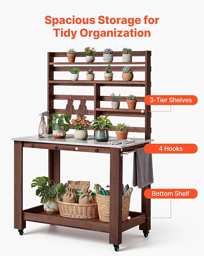 VEVOR Potting Bench Table, Outdoor Gardening Workstation with 45 x 26 in Stainless Steel Tabletop, Storage Shelves, 4 Casters, Hooks, Garden Planting Work Station for Outside Patio, Backyard, Brown