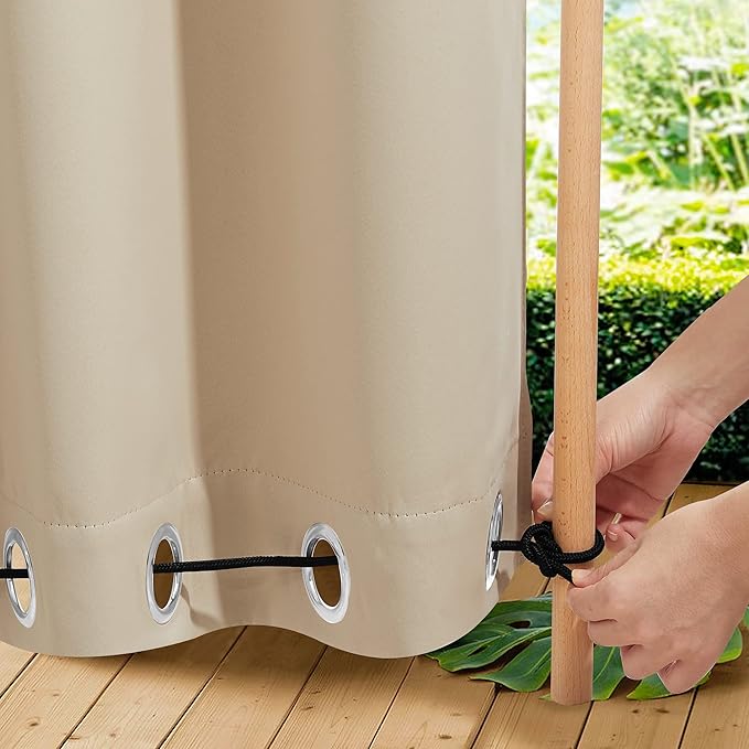 NICETOWN 2 Panels Outdoor Patio Curtains W100 x L84, Waterproof & Windproof Extra Wide Grommet & Back Tab on Top & Bottom Thermal Insulated Sun Blocking Drapes with Rope for Deck, Biscotti Beige