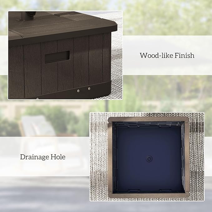 Outsunny 3-in-1 Outdoor Umbrella Base, Coffee End Table, Planter Box with Drain Hole, 175 lbs. Capacity Heavy Duty Fillable Patio Umbrella Stand Table with Wheels and Handles for Deck, Poolside, Brown