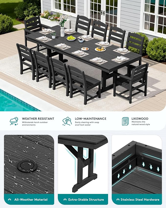 SERWALL 11 Piece Outdoor Dining Set, 84" HDPE Outdoor Table and Chairs for 10，All Weather Patio Furniture Set with Umbrella Hole for Backyard, Garden, Black