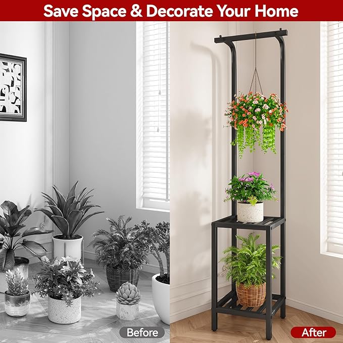 IBUYKE 67 Inch Tall Plant Stand Indoor Outdoor, 3 Tier Metal Hanging Plant Shelf for Multiple Plant, Heavy Duty Plant Holder Flower Stand for Living Room Patio Balcony Garden, Black TMJ076B