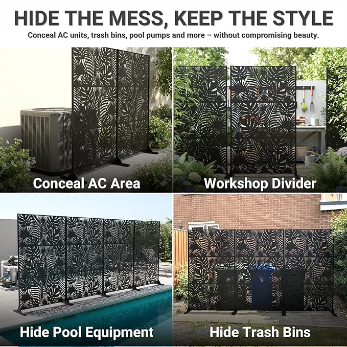 Metal Privacy Screen Outdoor – 72in Decorative Laser Cut Steel Garden Divider Panel with Tropical Leaf Design, Weatherproof Freestanding Modern Privacy Fence for Patio, Deck, Backyard & Balcony