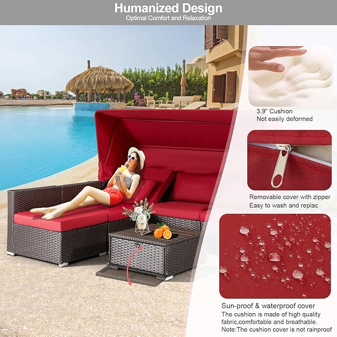 HOMREST 6 Pieces Patio Furniture Sets, Rattan Daybed with Retractable Canopy, Outdoor Sectional Sofa Set with Adjustable Backrest, Chaise Chair Sunbed for Garden Poolside Backyard(Red)