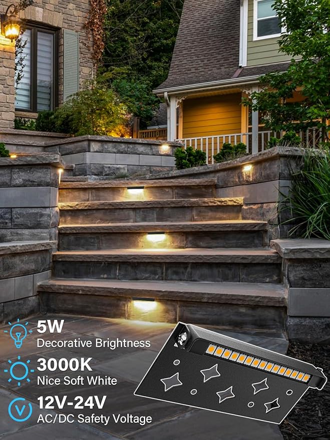 5W Retaining Wall Lights,7 inch LED Hardscape Lighting, Waterproof Low Voltage Landscape Lights,12V Step Lights Outdoor,3000K Soft White Patio Walls Stairs Lighting,12-Pack with Connectors