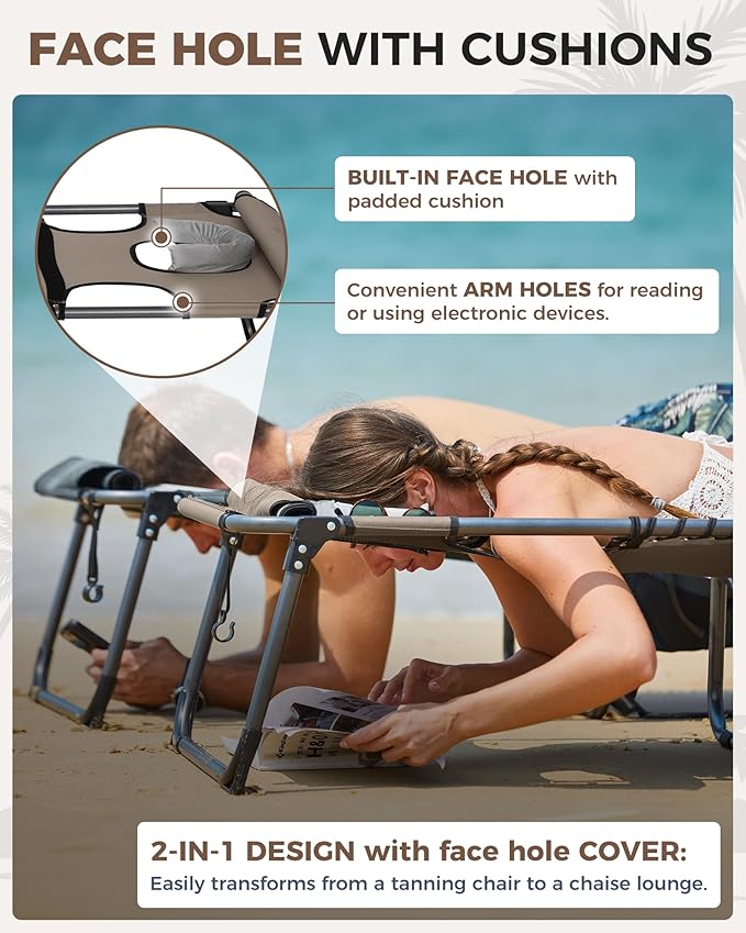 KingCamp 2 Pack Tanning Chair with Face Hole, Lounge Chairs Outdoor Folding Comfy Adjustable 5-Position Lay Flat Foldable Chaise Chaser Lounger for Outside Beach Patio Sun Bathing Pool, Beige