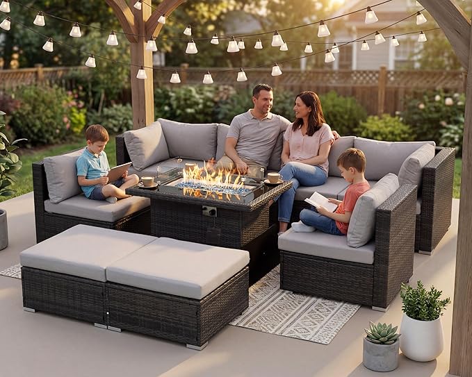 NICESOUL 29.3'' High Back Outdoor Patio Conversation Set with Firepit Natural Gas Propane Convertible, Plus Size Modular Wicker Furniture Couches, 9 Piece Modern Deep Wide Sectional Sofa, Light Gray