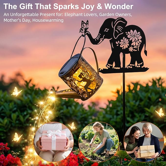 Solar Watering Can Lights Outdoor Decor with Elephant Stake & Fairy Silhouettes, Cascading String Lights for Garden, Patio, Yard - Waterproof Solar Powered Gift for Mom, Housewarming, Birthday