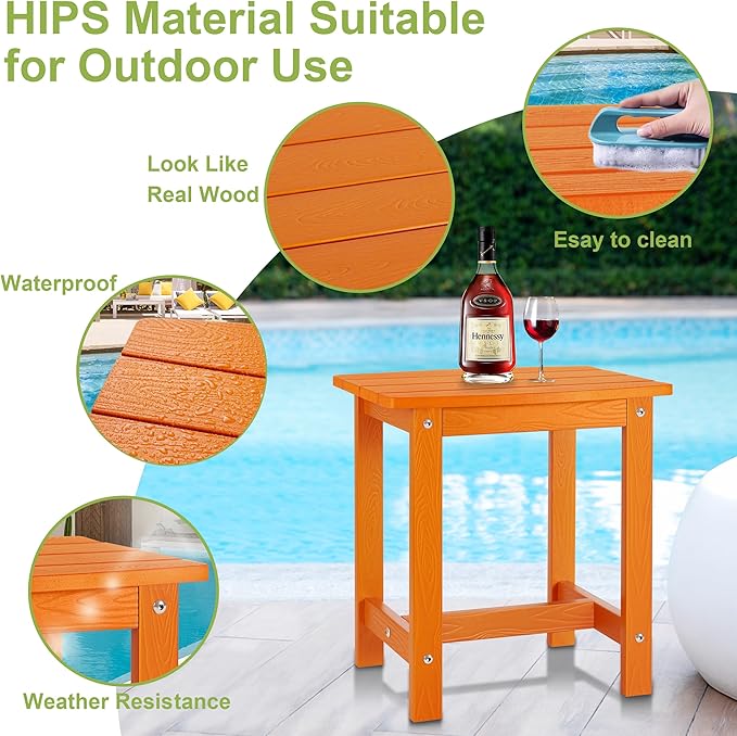 Y&M Outdoor Side Table, HIPS Adirondack Small Single Table, Waterproof Square Outside Table, Balcony Modern End Tables for Patio, Pool, Beach, Porch, Deck, Indoor or Outdoor Use, Orange