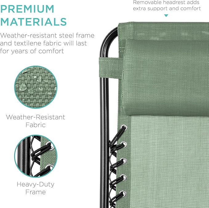 Best Choice Products Set of 2 Adjustable Steel Mesh Zero Gravity Lounge Chair Recliners w/Pillows and Cup Holder Trays - Sage Green