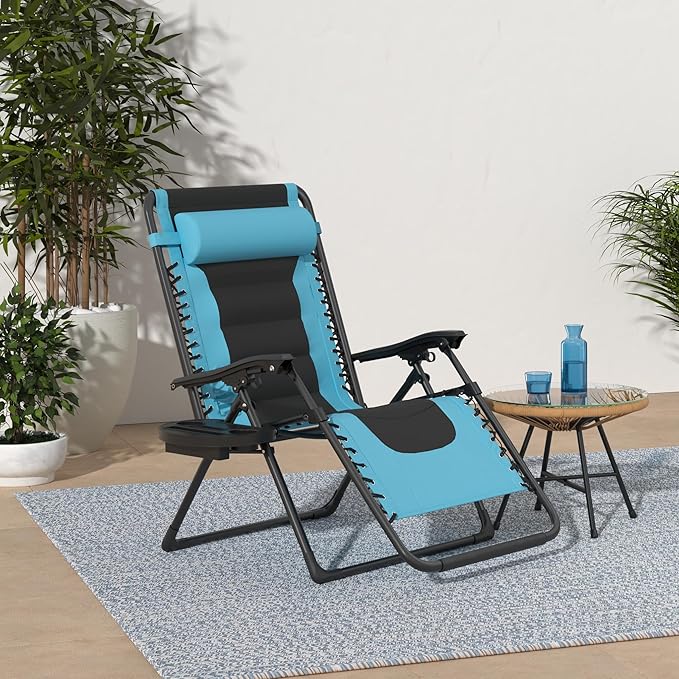 Best Choice Products Oversized Padded Zero Gravity Chair, Folding Outdoor Patio Recliner, XL Anti Gravity Lounger for Backyard w/Headrest, Cup Holder, Side Tray, Polyester Mesh - Light Blue/Black