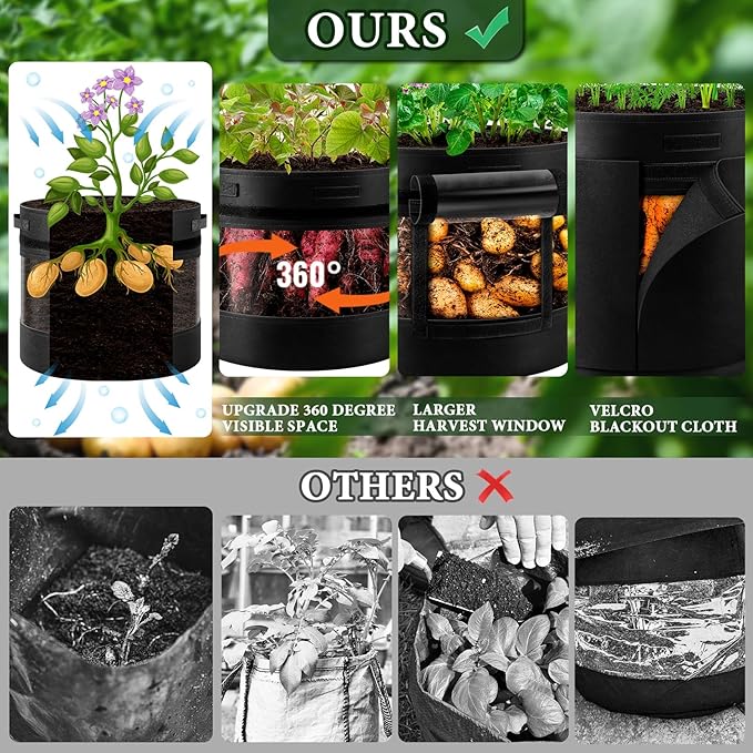 3 Pack 20 Gallon 360° Visibility Potato Grow Bags with Shading Flap, Plant Grow Bags for Growing Potatoes Heavy Duty Thickened Nonwoven Fabric Gardening Vegetable Growing Bags with Harvest Window