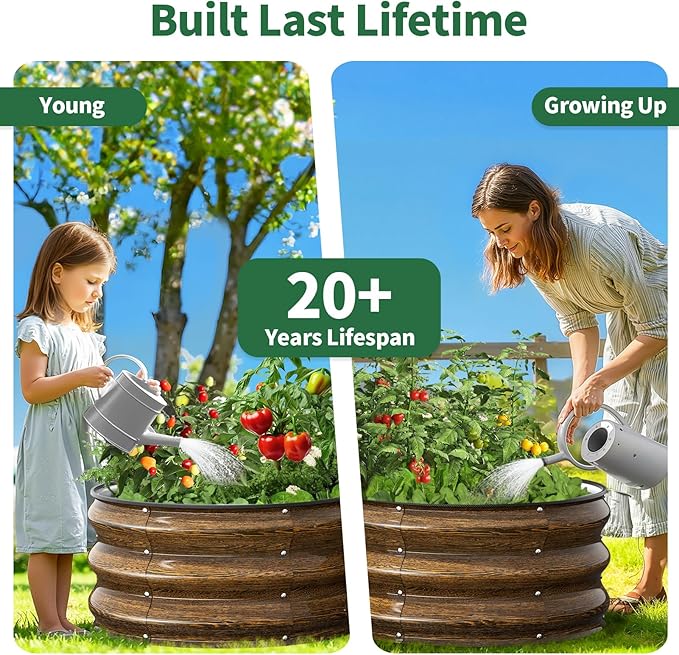 Kesfitt Round Metal Raised Garden Bed, 2x2x1 FT, 12-Inch Deep Galvanized Steel Garden Bed with Open Bottom for Vegetables & Herbs, Walnut Finish, 3 Pack