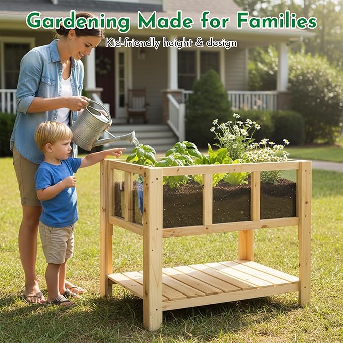 Raised Garden Bed with Transparent Acrylic Side Panels, Elevated Wooden Planter Box with Shelf for Vegetables, Herbs & Flowers,Outdoor Raised Garden Planter for Patio, Balcony & Backyard