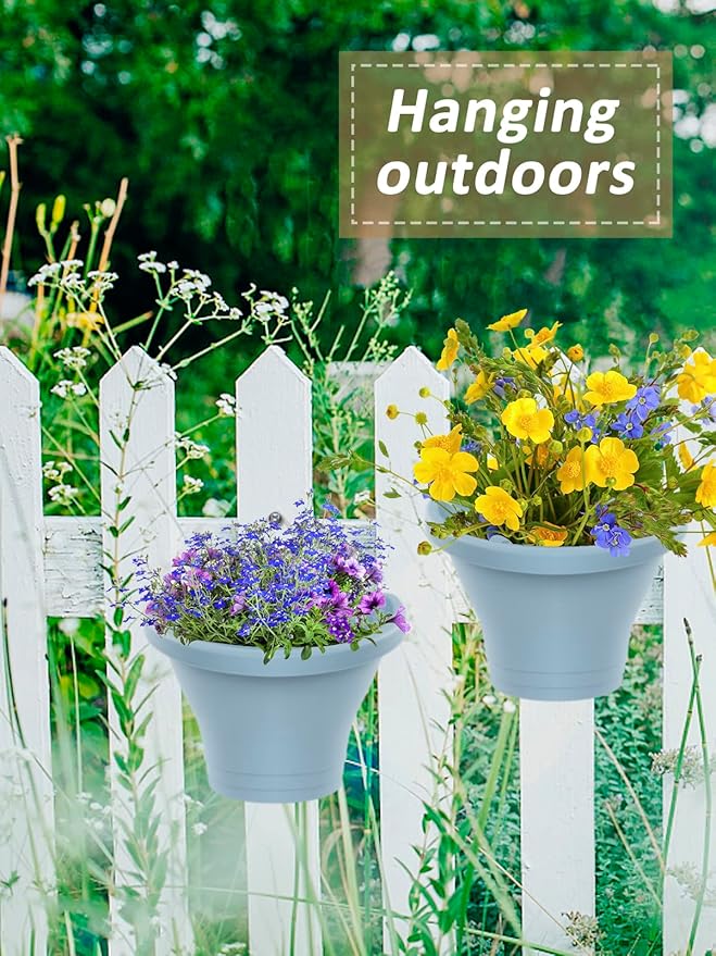 MADHOLLY 6Pcs Vertical Hanging Planters for Outdoor Plants - Wall Plant Holder for Indoor Decorations Garden Fence, Plastic Flower Pots with Drainage Grid and Hooks (Blue)