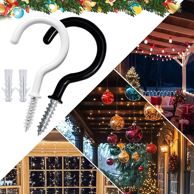 12 Pcs Ceiling Hooks for Hanging Plants, Cups, Utensils and Christmas String Lights, 1-1/4 inch Vinyl Coated Screw-in Plant and Cup Hooks for Wooden and Drywall with Anchors - White & Black