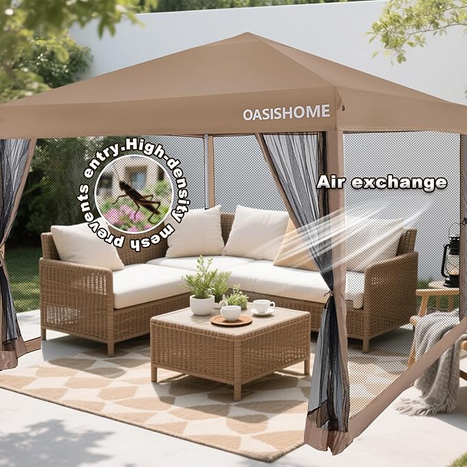 OASISHOME 10'x10' Pop-Up Gazebo Canopy Tent with Netting Sidewalls & Wheeled Bag,Weight Bag, Stakes, Ropes, Waterproof, UV Protection, Heavy-Duty Steel Frame for Backyard/Outdoor/Parties (Khaki)