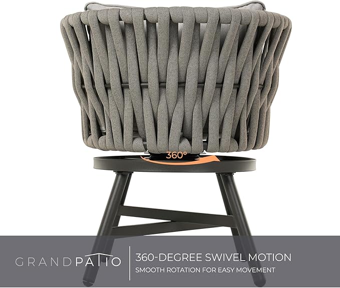 Grand patio Dining Chair Set of 3, Swivel Rope Armchairs with Cushions and Round Side Table with Tile Tabletop, Wicker, Indoor Outdoor Modern Style, Backyard, Balcony, Light Gray Brown