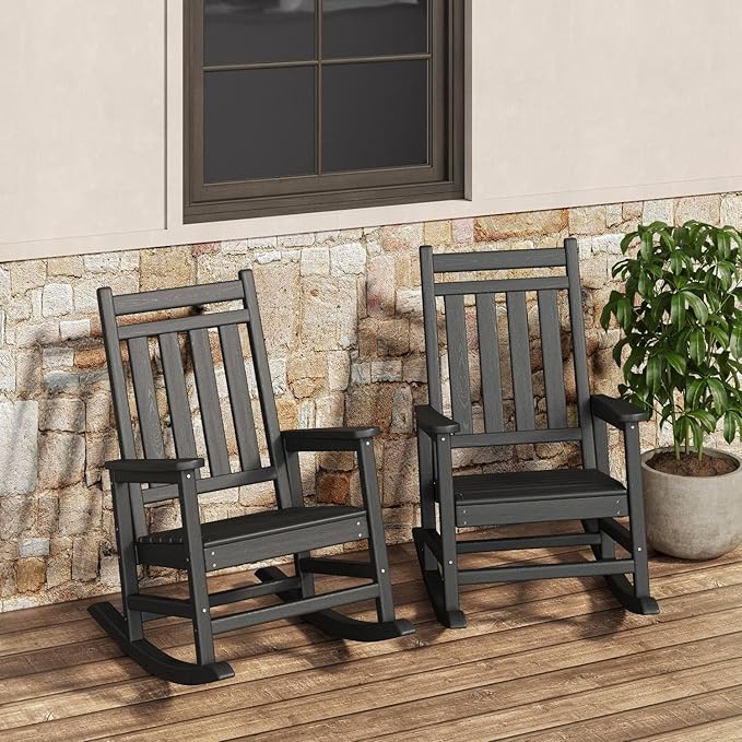 Rocking Chair Outdoor Set of 2 - HDPE Poly High Back Porch Rocker Chairs for Adults - All Weather Resistant Furniture for Patio Front Porch - Black