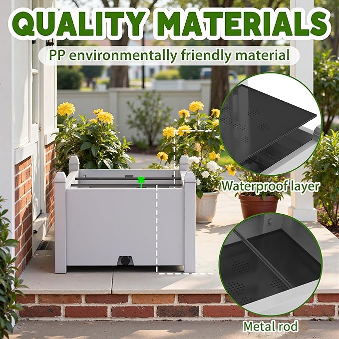 14 Gallon Raised Garden Bed, Self-Watering Raised Planter Box with Drainage Plug & Gauge for Vegetables Flowers Herbs Succulents, Rustproof Resin for Backyard Patio Porch (Ashen)