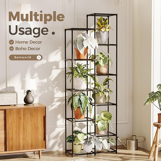 Bamworld Plant Stand Indoor Outdoor 11 Tire Tall Large Metal Plant Shelf Multi Tier Flower Stands Garden Shelves Wooden Plant Display Holder Rack for Living Room Corner
