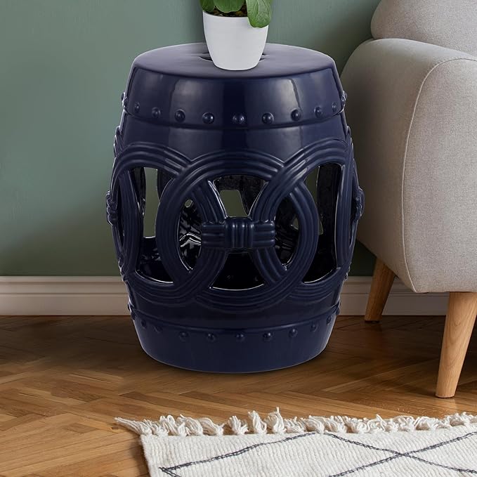 JONATHAN Y TBL1022B Lucky Coins 16" Chinese Ceramic Drum Indoor/Outdoor Garden Stool Bohemian, Coastal, Classic, Cottage, French Country, Traditional, Side Table, Plant Stand, Spill-Proof, Navy