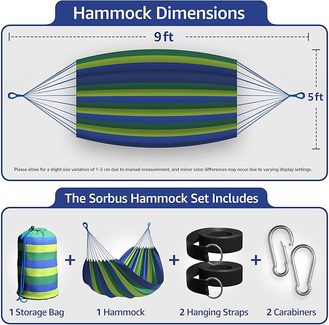 Sorbus Brazilian Double Hammock - Extra-Long 2 Person Portable Hammock Bed for Indoor or Outdoor Spaces - Hanging Rope, Carrying Pouch Included (Blue/Green Stripes)