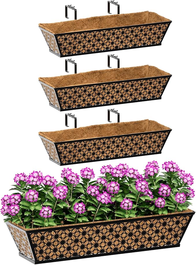 SPECILITE 24" Window Boxes Planters, Heavy Duty Metal Railing Planter Boxes, Adjustable Balcony Planters for Railing Hanging, with Coco Liner & Tool Set for Deck, Porch, and Patio Gardening (4 Pack)