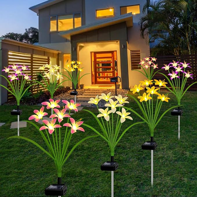Solar Garden Lights New Upgraded Solar Wild Lily Flower Lights, Yard Patio Pathway Deco High Flexibility Copper Wire & Handmade Silk Artificial Flowers Never Wither, Gift for Family Friends