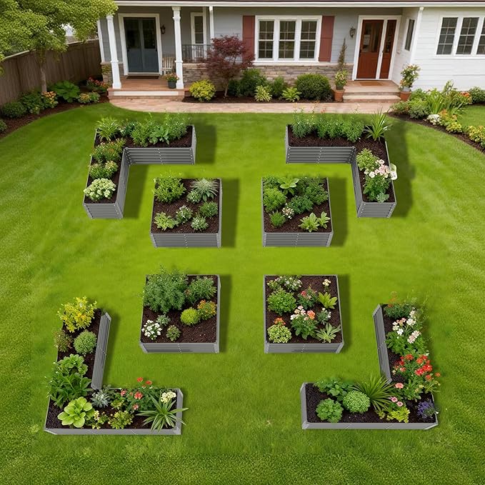 A ANLEOLIFE Set of 8,18 Inch Tall Quartz Grey Raised Garden Beds Kit, L-Shaped & Square Metal Planters –Ideal for Structured Backyard Layouts.